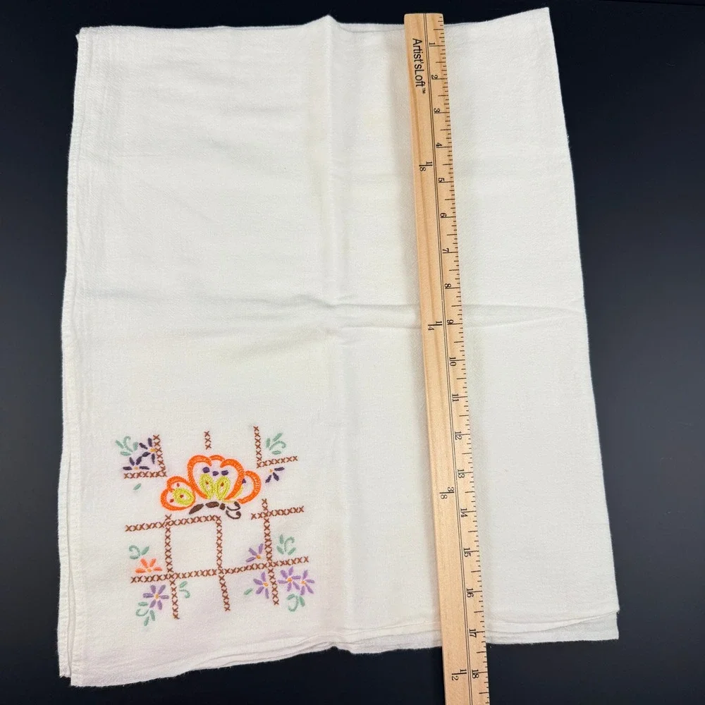Vtg Hand Embroidered LARGE Butterfly‎ Tea Towels Set of 3 White Cotton Floral